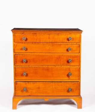 Chippendale Curly Maple Five Drawer Chest of Drawers