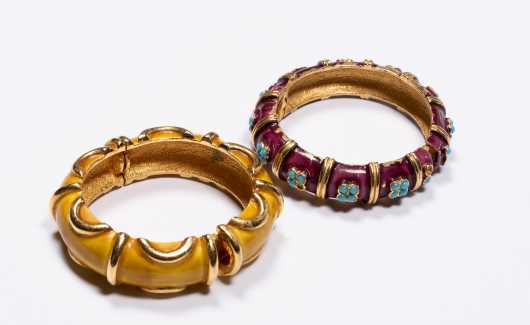 Two Gold Tone and Enamel Bangles