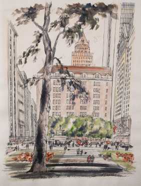 New York City--Large Ink and Watercolor Illustration, Grand Army Plaza, 1974