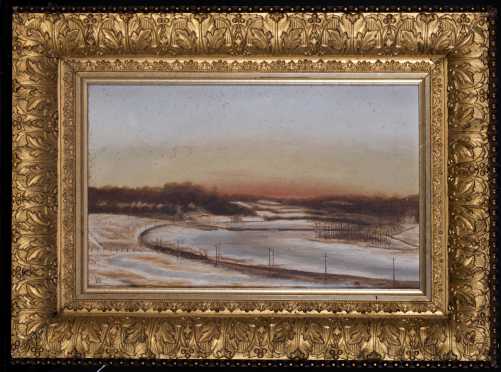 New England Winter Scene Landscape with Railroad Train