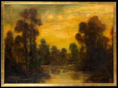 Early 20thC Oil Painting of a Lake at Sunset
