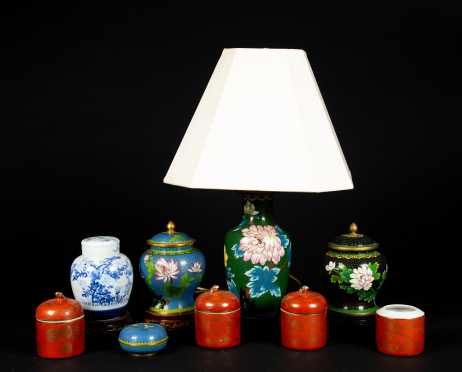 Cloisonne Lamp and Eight Pieces Chinese Covered Articles