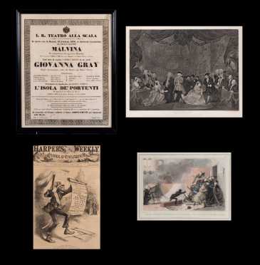 1836 Italian Opera Broadside, Print "Beggars Opera Act III" and 1880 Harper's Weekly Cover and English 1832 Colored Print