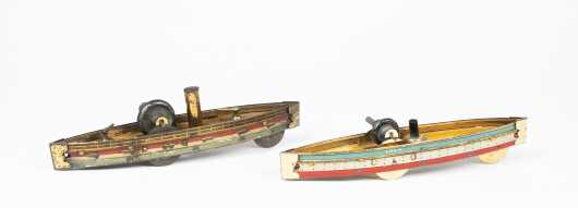 Two Antique German Gravity Run Toy Boats