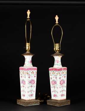 Pair of Famille Rose Chinese Export Vases Lamps