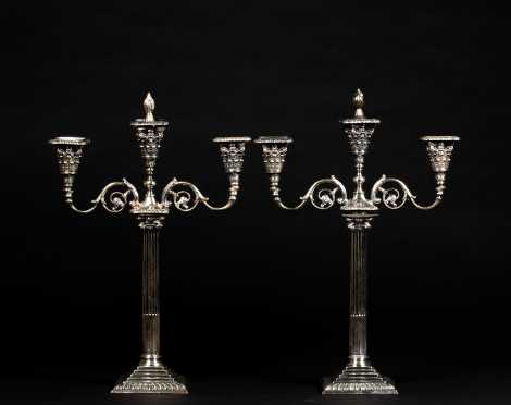 Pair of English Coin Silver Candlestick with Later Candelabra