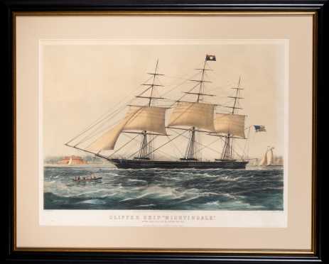 N. Currier Colored Lithograph, "Clipper Ship Nightingale"
