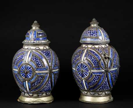 Pair of Persian Stoneware Covered Jars