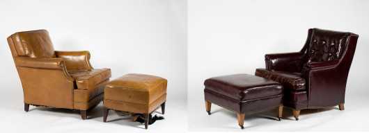 Two Leather Club Chairs and Ottomans