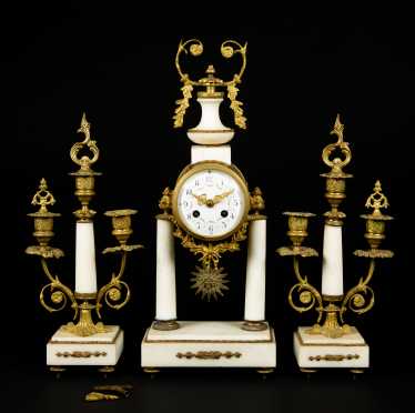 French Three Piece Marble and Gilt Bronze Clock Set