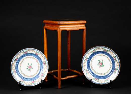Pair of Export Style Deep Plates and Wooden Stand
