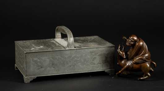 Chinese Bronze Figure and Pewter Carrier