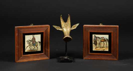 Pair of Arab Miniature Watercolor Paintings and Brass Animal Head Hammered
