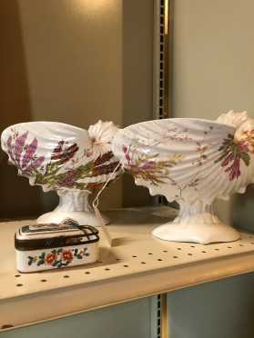 Two Staffordshire Shell Form Dishes and Limoge Box, AS-IS