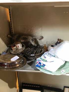 Tray Lot of Silver Plate, China, Glass Shades, etc.