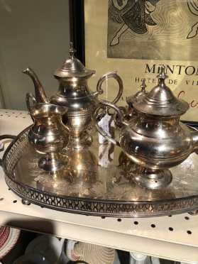 Mixed Metal Tea Service and Silver Plate Tray