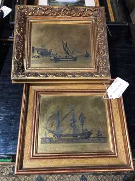 Two Etched Metal Brass Pictures of Sailing Ships