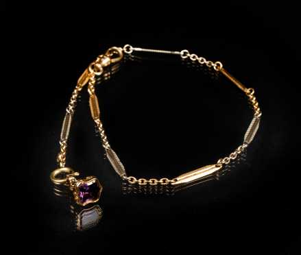 Mixed Gold Watch Chain and Amethyst Fob