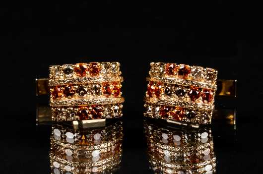 Contemporary 14k Gold, Orange Sapphires and Champagne Diamond Cufflinks