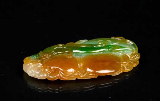 19th/20thC Chinese Finely Carved Light Emerald Green to Brown Jadeite Piece