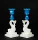 Pair of Boston and Sandwich Glass Company Pressed Blue and Clambroth Dolphin Candlesticks