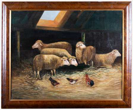 Primitive Painting of Five Sheep and Chickens in a Barn