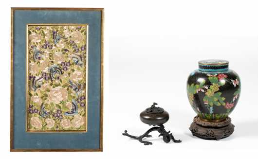 Chinese Grouping of Cloisonne, Bronze and Needlework Items