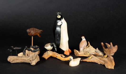 Six Painted Miniature Birds Plus 10 1/2" Penguin