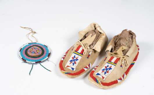 Beaded Native American Roundel Pouch and Pair of Moccasins