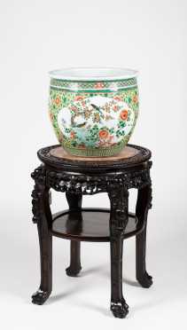 Chinese Marble Top Table and Export Porcelain Planter