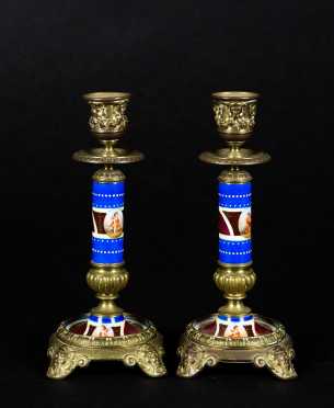 Pair of Brass and Porcelain Candlesticks