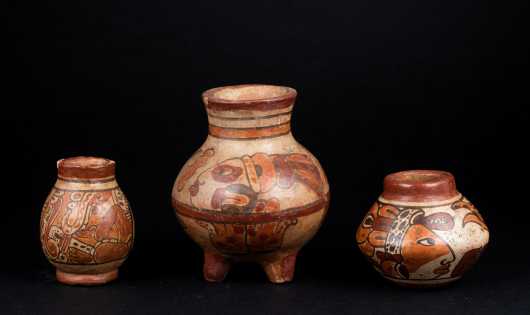 Three Small Pre Columbian Painted Mayan Pots