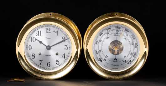 Pair of Chelsea Brass Wall Clock and Barometer