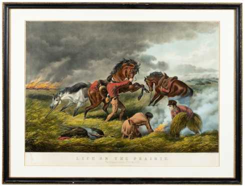 Currier and Ives Colored Print "Life on the Prairie", "The Trappers de Fence" "Fire Fight Fire"
