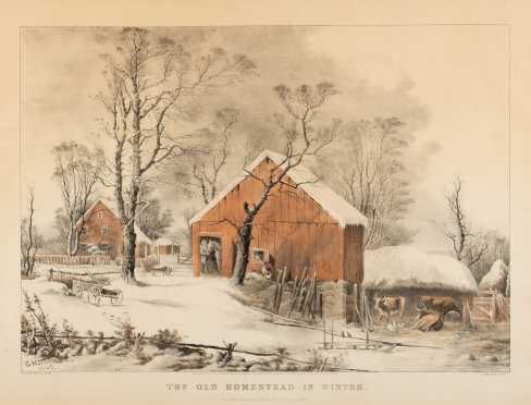Currier and Ives Colored Print "Old Homestead in Winter"