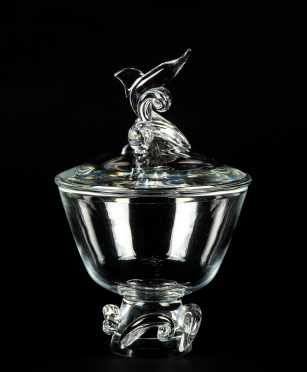 "Steuben" Glass Covered Compote with Sailfish Finial