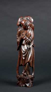 Japanese E20thC Inlaid Figural Wood Carving
