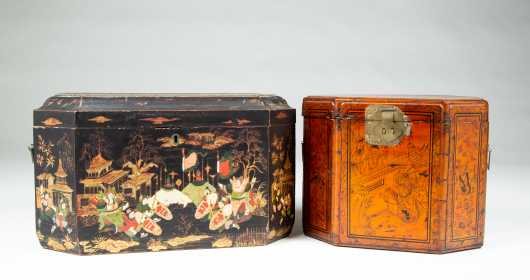 Two Chinese Export Octagonal Lacquer Decorated Boxes