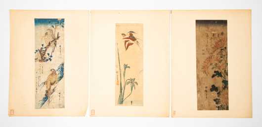 Three Chinese Watercolor Paintings of Birds and Flowers