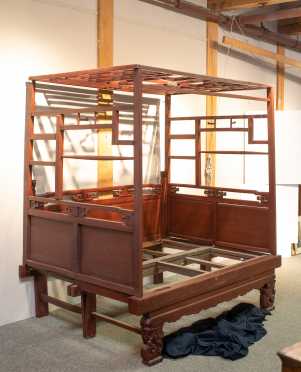 19th/20thC Chinese Red Painted Canopy Bed