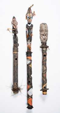 Three Papua New Guinea Flutes with Carved Figural Stoppers