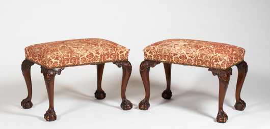 Pair of Chippendale Style Mahogany Upholstered Foot Stools