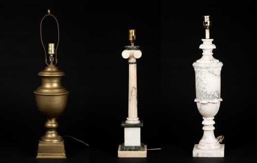 Lot of Three Brass and Marble Lamps