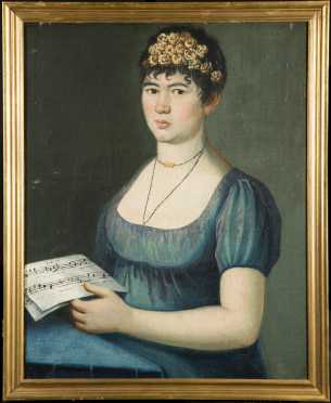 American 19thC Painting of a Young Woman with a Music Sheet