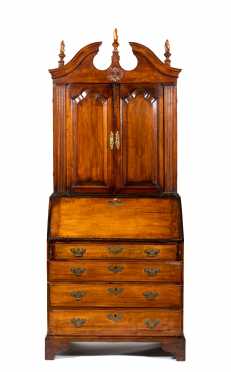 Massachusetts or New Hampshire Bonnet Top Chippendale Secretary in Curly Maple