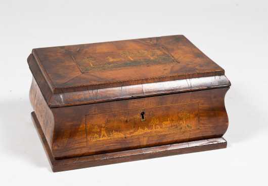 19thC Continental Dressing Box with Five Inlaid Stag Hunting Scenes