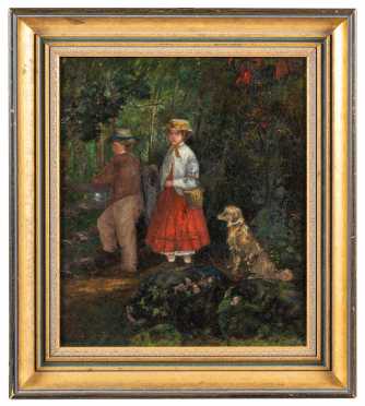 Primitive 19thC Children Painting with Dog