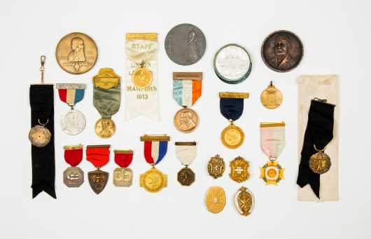 Eighteen Assorted Ribbon Medal and Pins Along with Four Commemorative Plaques