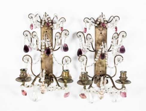 Pair of Brass and Crystal Wall Sconces