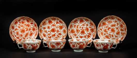 Four Chinese Bird and Butterfly Cups and Saucers